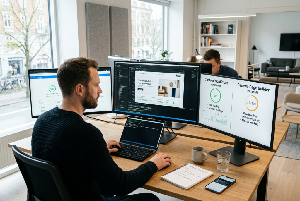 Sammenligning av lastetid mellom skreddersydd WordPress-tema og sidebygger som Elementor