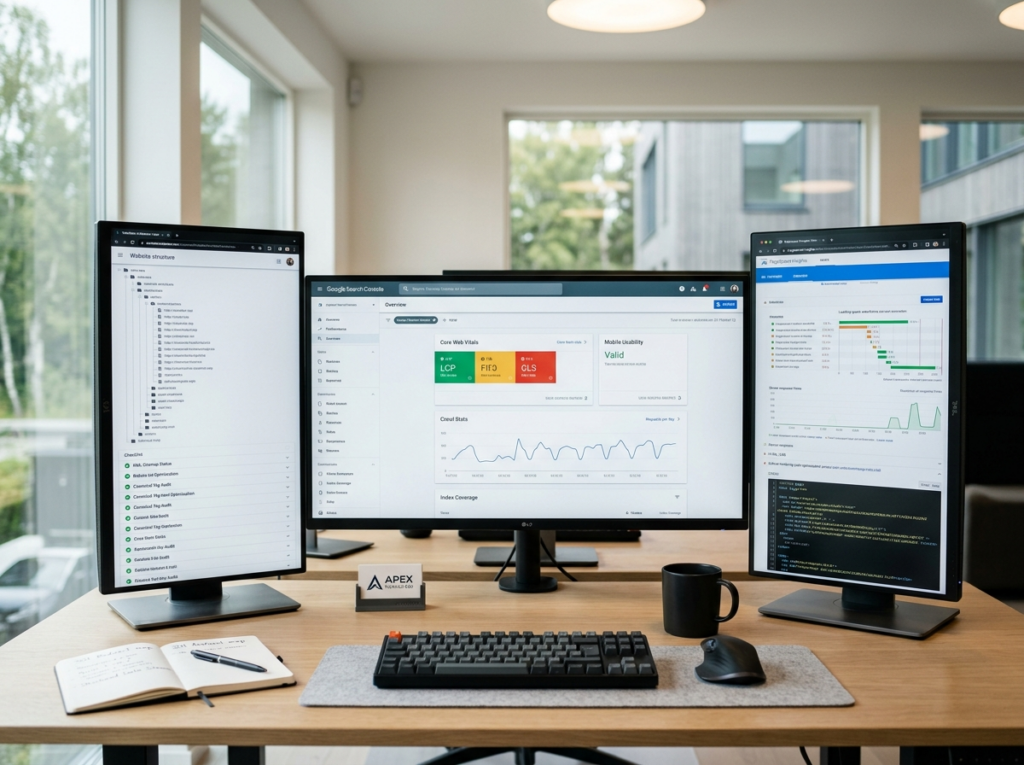Teknisk SEO sjekkliste med Core Web Vitals, lastetid og indeksering for WordPress-side